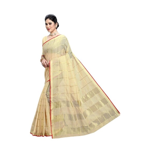 Women's Kota Doria Pure Cotton Saree With Unstiched Blouse NWT golden zari weave - Picture 5 of 12